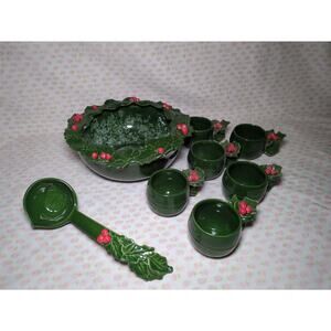 Vtg 50s Riddell Calif Ceramic Holly & Berry Christmas Punch Bowl, Ladle, Cups